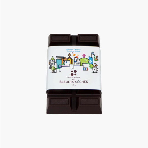 chocolat noir aux bleuets séchés - étiquette Souvenir de Montréal