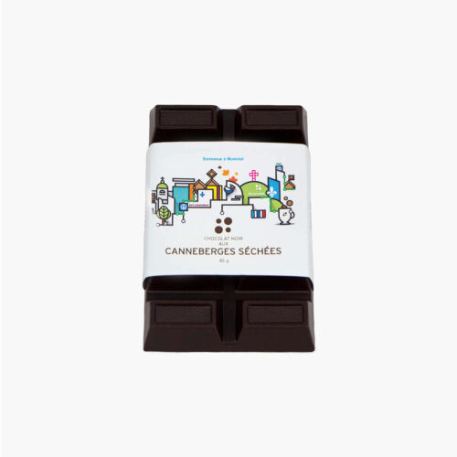 chocolat noir avec canneberges séchées - étiquette Souvenir de Montréal
