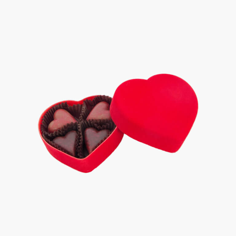 red velvet heart-shaped box